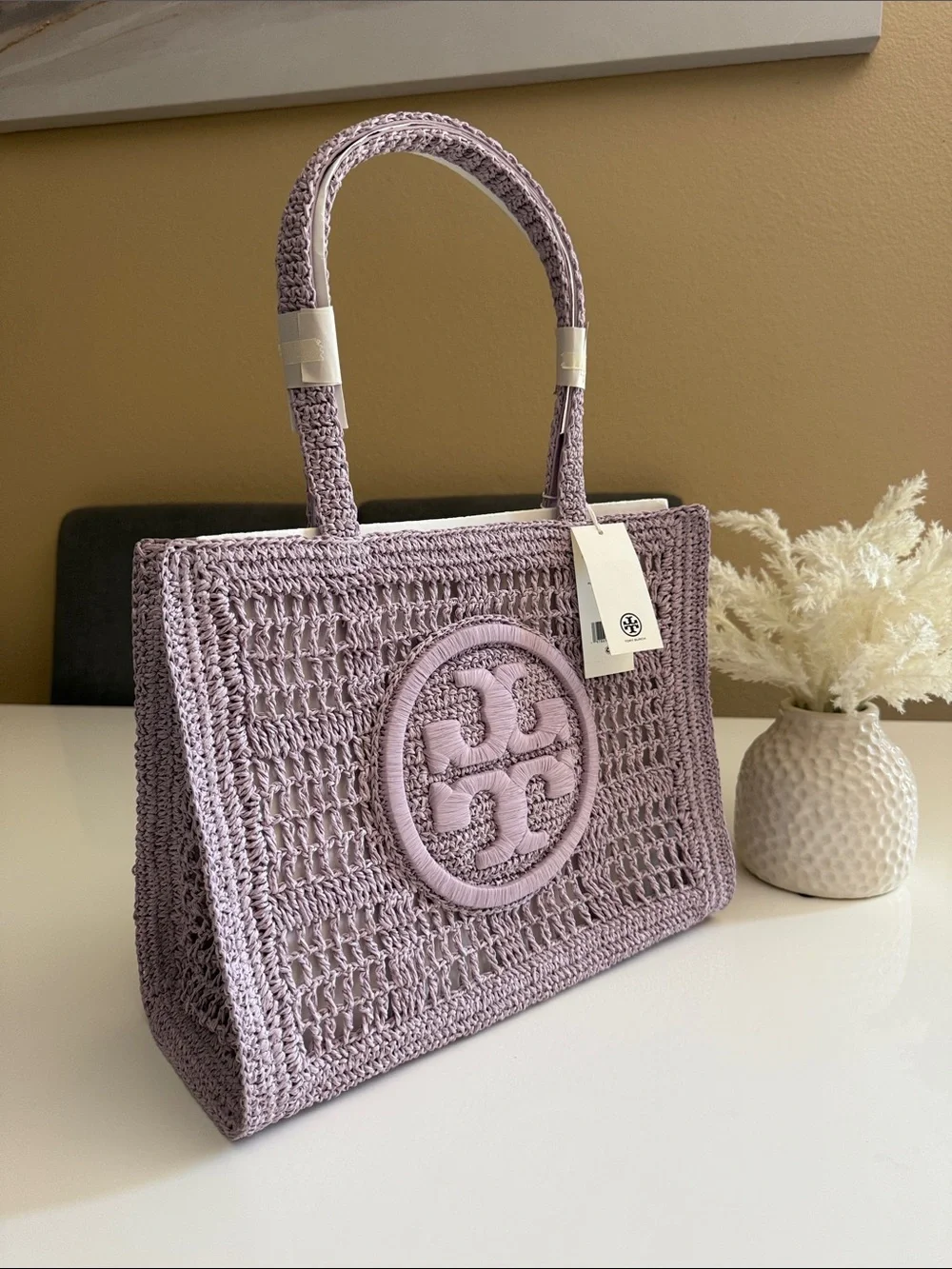 NWT , tory burch ELLA HAND-CROCHETED SMALL TOTE pale purple